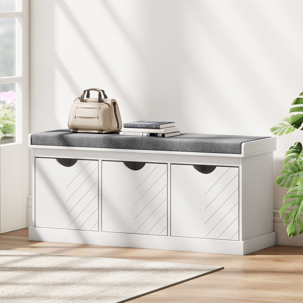 Banc d'entrée 3 tiroirs amovibles et coussin d'assise rembourré, blanc