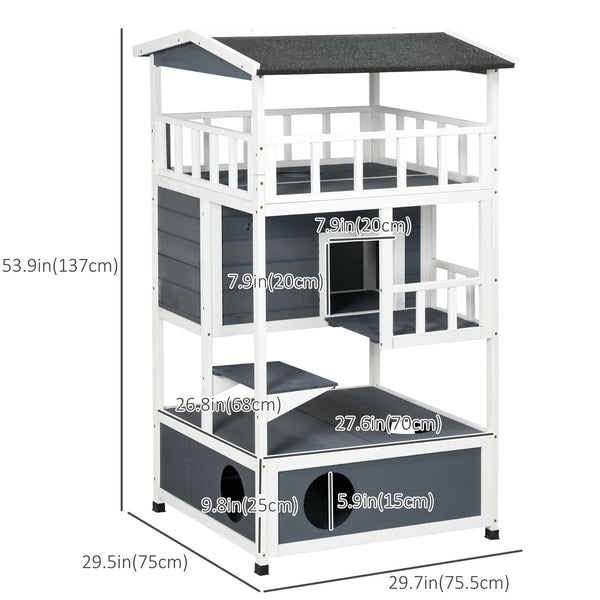 Maison pour chats à 4 étages en bois avec niche et perchoir, grise
