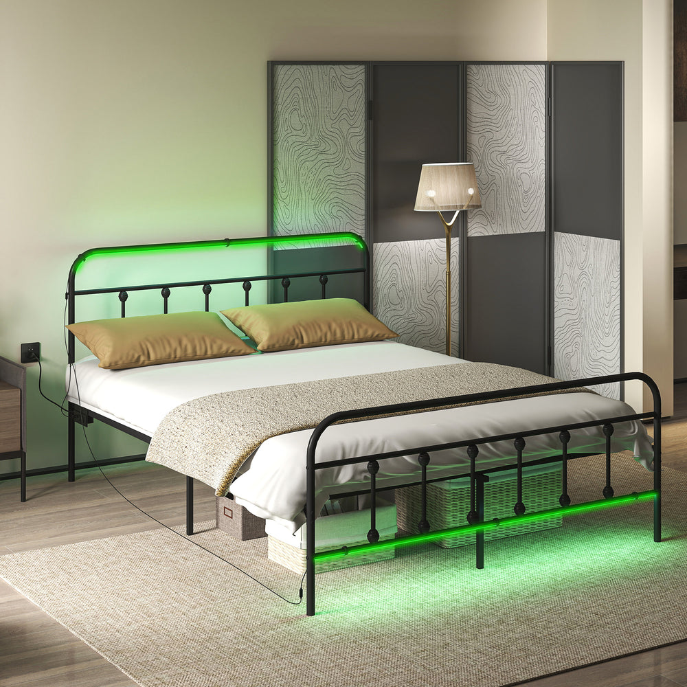 Cadre de lit Queen Size avec éclairage LED et station de charge, noir