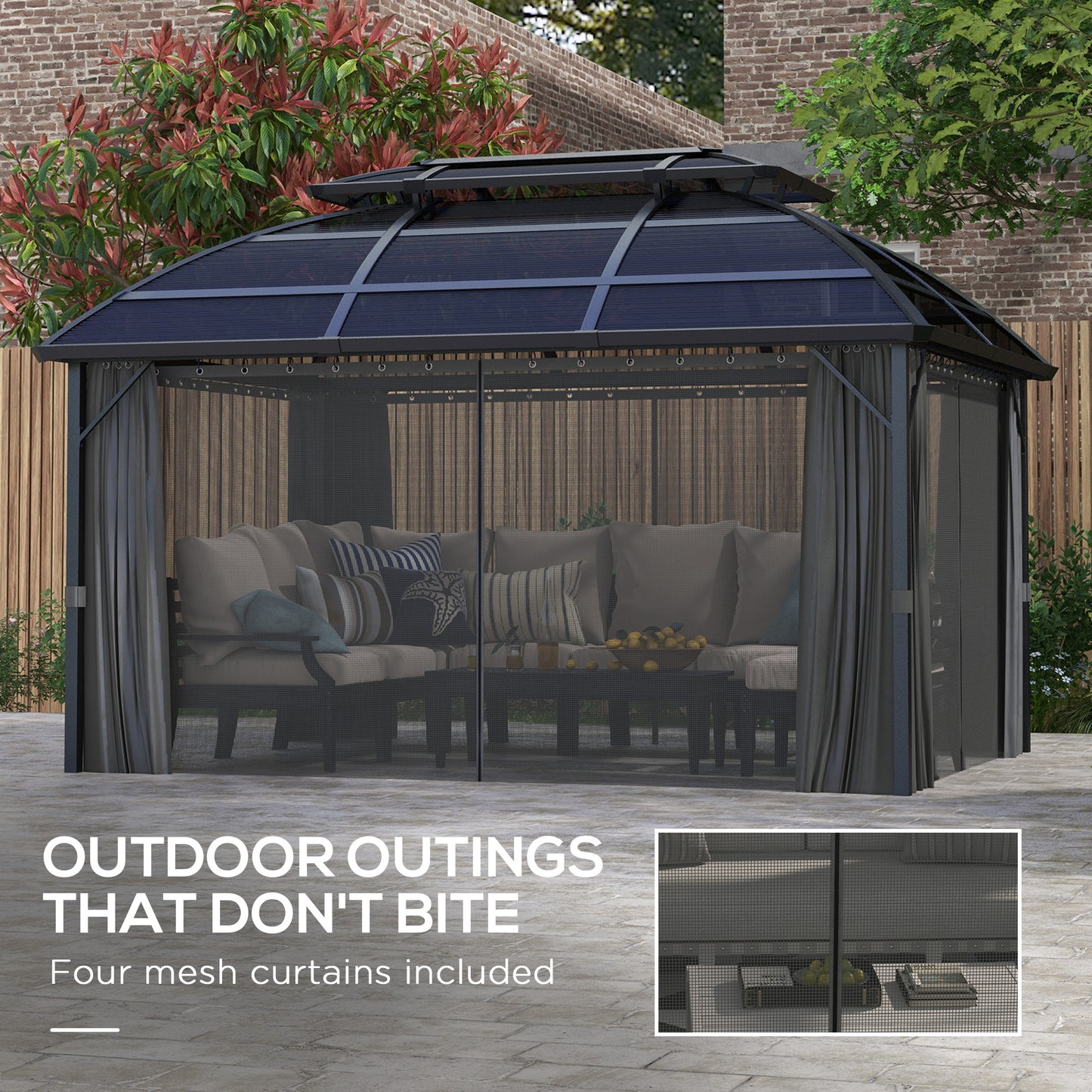 Gazebo 13' x 10', abri extérieur à double toit avec rideaux et cadre en aluminium, noir