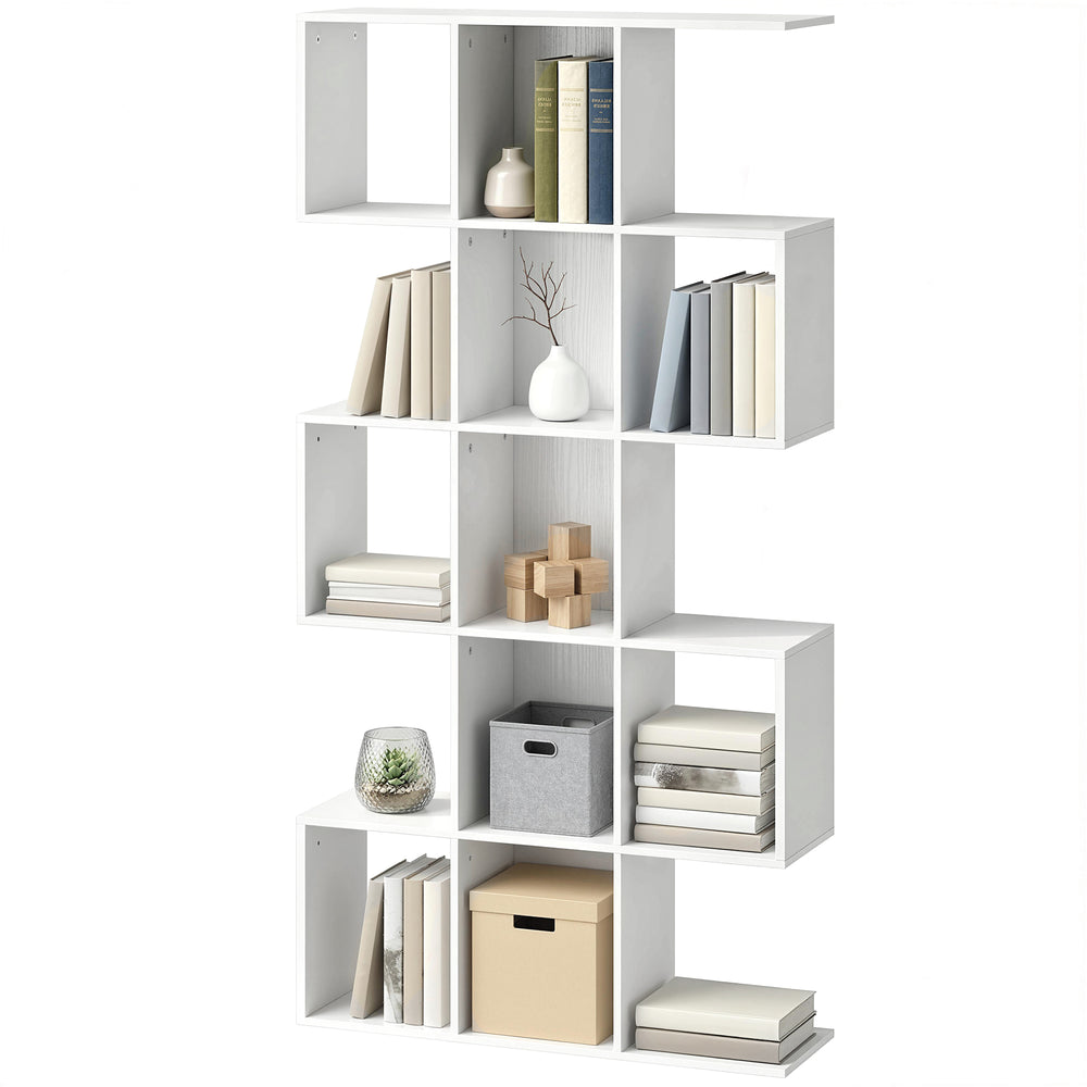 Bibliothèque à 5 niveaux géométrique en forme de S avec 15 compartiments, aspect bois blanc