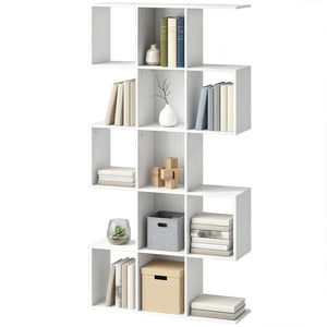 Bibliothèque à 5 niveaux géométrique en forme de S avec 15 compartiments, aspect bois blanc
