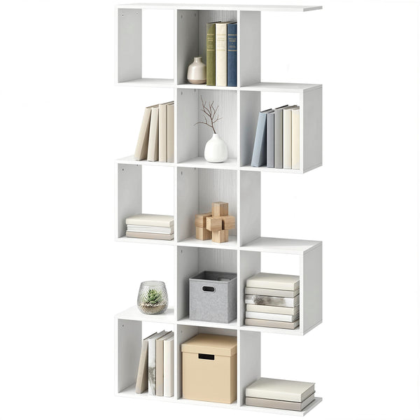 Bibliothèque à 5 niveaux géométrique en forme de S avec 15 compartiments, aspect bois blanc