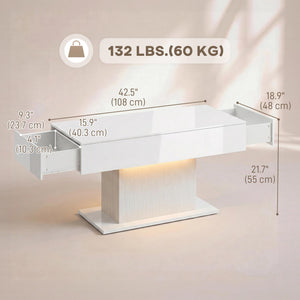 Table basse LED avec rangement, laquée brillante avec 2 tiroirs et télécommande pour salon, blanche