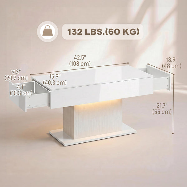 Table basse LED avec rangement, laquée brillante avec 2 tiroirs et télécommande pour salon, blanche