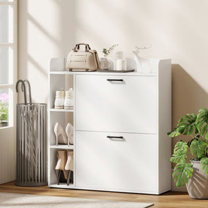 Meuble à chaussures étroit avec 2 tiroirs basculants et rangements latéraux, blanc