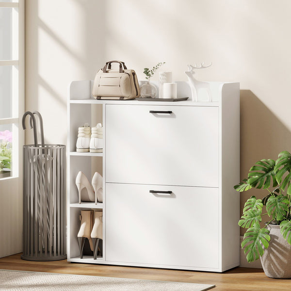 Meuble à chaussures étroit avec 2 tiroirs basculants et rangements latéraux, blanc