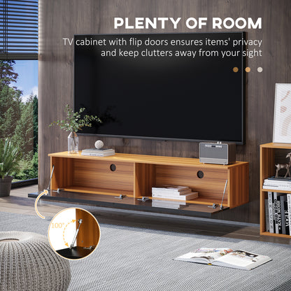 Meuble TV flottant pour téléviseurs jusqu'à 70 pouces avec rangement, effet brillant, marron et noir