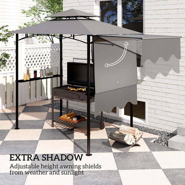 Outsunny 8' x 5' Grill Gazebo, Double Tiered Barbecue Grill Gazebo Shelter with Side Awning, 2 Side Shelves, 6 Hooks, Light Gray |