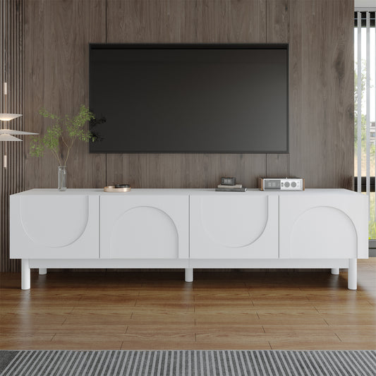 Meuble TV moderne avec portes ondulées, grand espace de rangement et pieds robustes, blanc