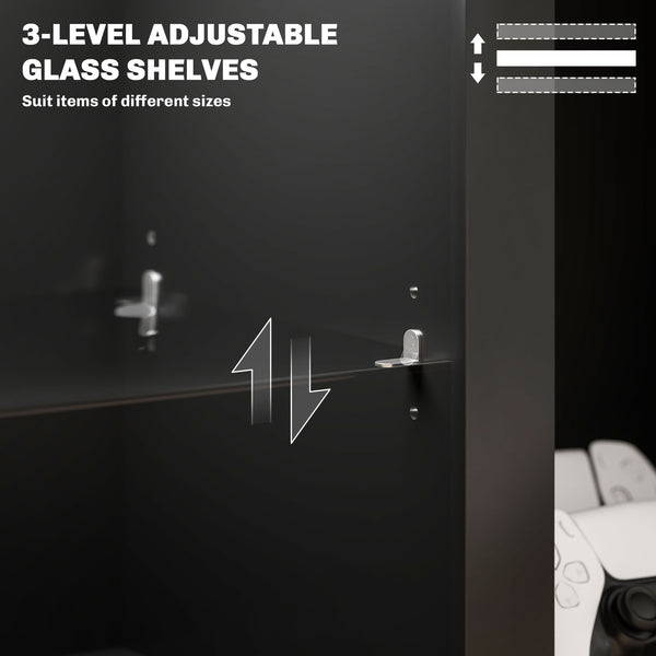 Meuble TV avec éclairage LED avec étagères en verre réglables, pour téléviseurs jusqu'à 65 pouces, noir