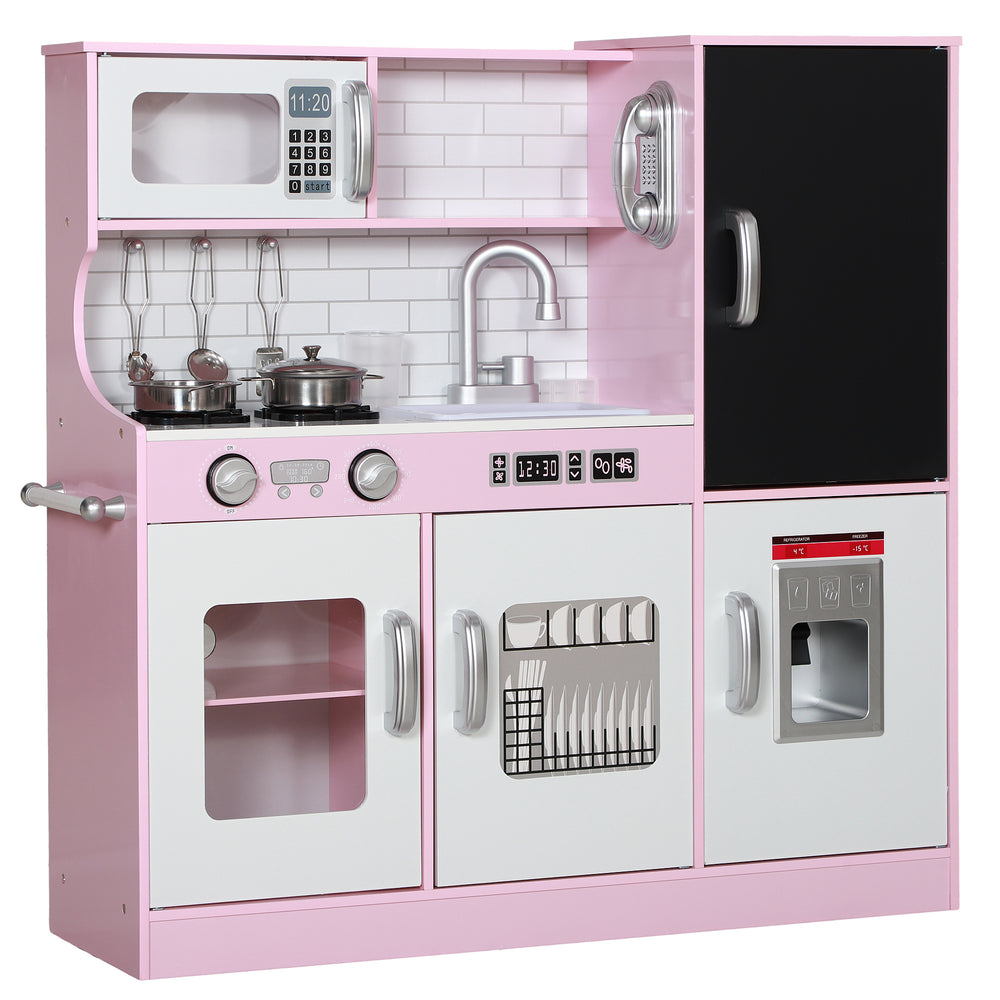 Cuisine enfant avec tableau noir, machine à glaçons, téléphone, évier et micro-ondes, rose