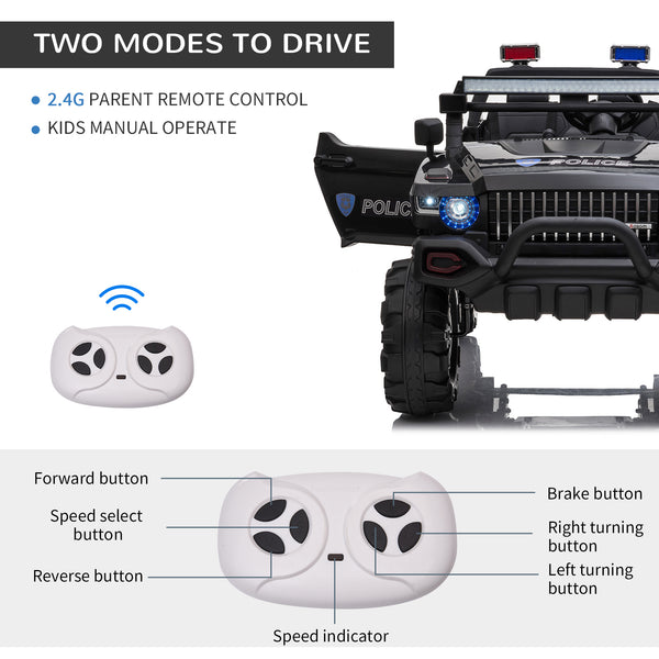 Voiture de police 12 V, 2 places, pour enfants de 3 à 8 ans, avec télécommande parentale, lumières LED, lecteur MP3, noir