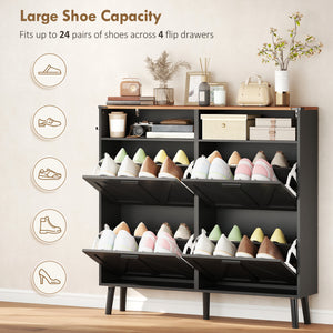 Shoe cabinet with 4 tip-up drawers, country style, narrow, holds up to 24 pairs, black
