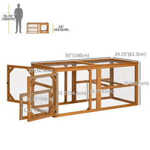 Outdoor wooden chicken coop extension with perches