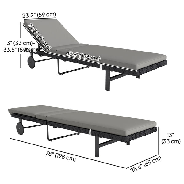 Chaise longue de jardin en rotin synthétique avec dossier réglable sur 5 niveaux, roulettes et coussin, gris