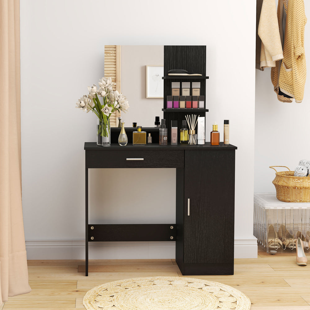 Coiffeuse avec miroir, tiroir, compartiment ouvert et étagères, noir
