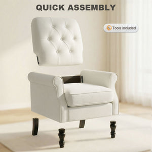 Mid-century modern accent chair with thick padded seat, spring cushion, solid wood legs, cream white
