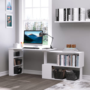 Bureau d'angle 47" en forme de L, pivotant à 360°, réversible, avec étagère de rangement, blanc