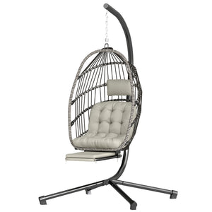 Fauteuil suspendu d'extérieur en forme d'œuf avec repose-pieds rétractable et support en métal gris clair