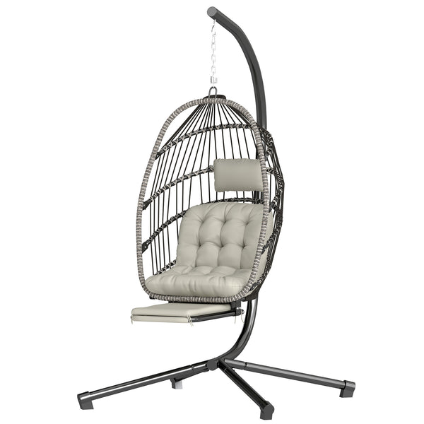 Fauteuil suspendu d'extérieur en forme d'œuf avec repose-pieds rétractable et support en métal gris clair