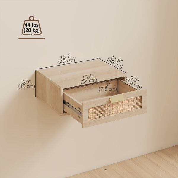 Ensemble de 2 tables de chevet suspendues fixées au mur, avec tiroir en rotin et finition chêne.
