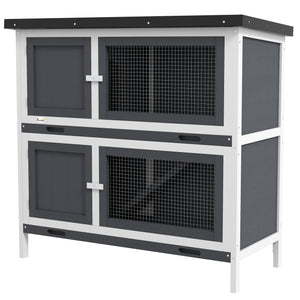 Clapier en bois avec 2 grandes niches principales, gris