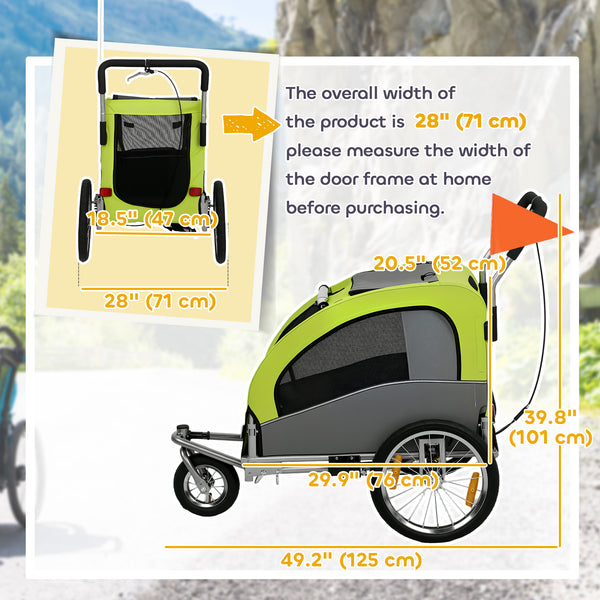 Remorque vélo pour chien 2 en 1, poussette pliable et remorque avec suspension, attelage universel pour vélo, verte