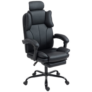 Reclining office chair with pet-friendly fabric upholstery, headrest, footrest, and swivel casters, black