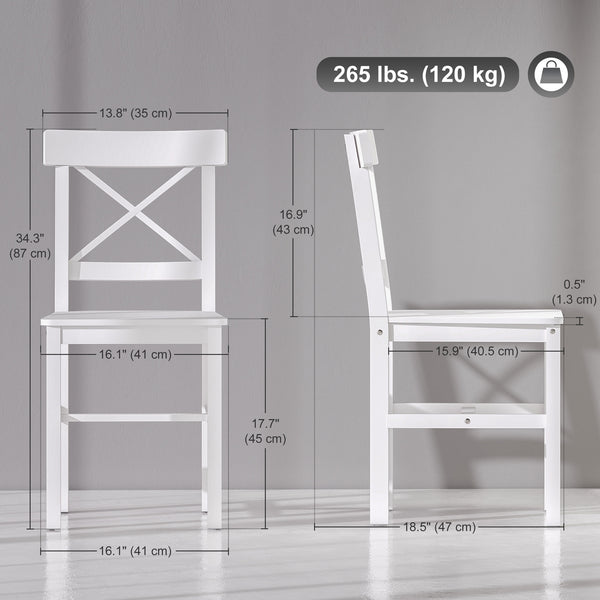Set of 4 white wooden dining chairs with cross backs