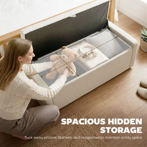 Linen-look fabric upholstered storage ottoman bench with storage, wide and padded seat, cream white