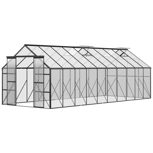 Greenhouse with adjustable roof ventilation, gutter and sliding door