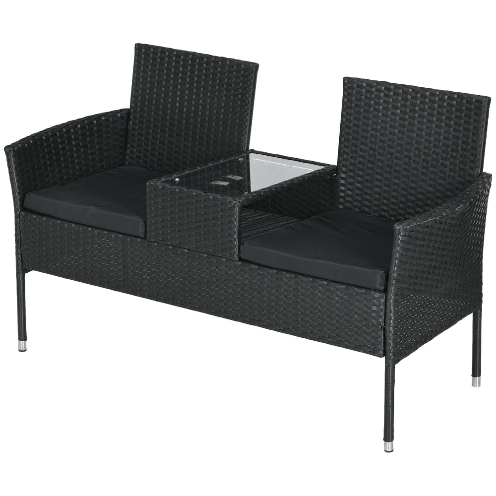 Mobilier de patio avec table basse et canapé deux places en rotin PE avec coussin, noir