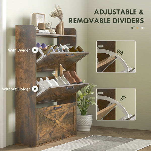 Meuble de rangement à chaussures style ferme avec 3 tiroirs rabattables et étagères réglables, marron rustique