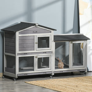 Wooden hutch with wheels, enclosure, tray and ramp, light gray