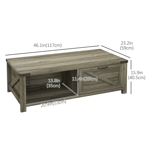 Table basse rustique avec tiroir et étagère de rangement, gris
