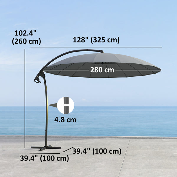 Parasol déporté 2,7 m avec 16 baleines en fibre de verre, parasol suspendu décalé, parasol de terrasse avec manivelle et base croisée, gris