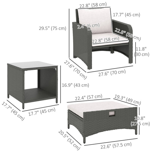 Ensemble de meubles 5 pièces en rotin avec table basse à deux niveaux et poufs, gris et blanc crème