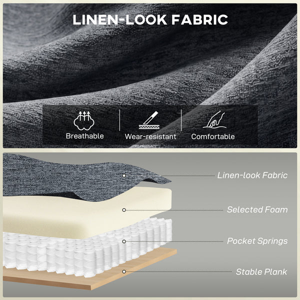 Canapé deux places, revêtement en lin moderne, coussins à ressorts, 2 oreillers, gris foncé