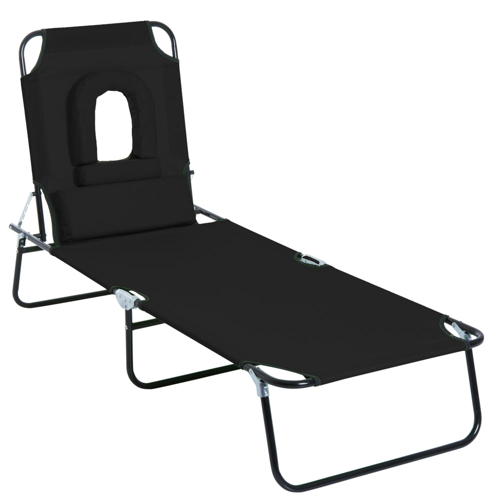 Chaise longue d'extérieur réglable avec trou pour le visage, siège inclinable pour bronzer, lit de plage pliant avec coussin de soutien, noir