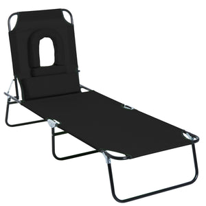 Chaise longue d'extérieur réglable avec trou pour le visage, siège inclinable pour bronzer, lit de plage pliant avec coussin de soutien, noir