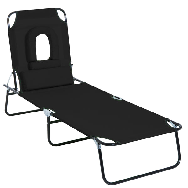 Chaise longue d'extérieur réglable avec trou pour le visage, siège inclinable pour bronzer, lit de plage pliant avec coussin de soutien, noir