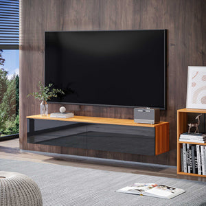 Meuble TV flottant pour téléviseurs jusqu'à 70 pouces avec rangement, effet brillant, marron et noir