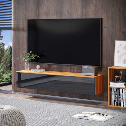 Meuble TV flottant pour téléviseurs jusqu'à 70 pouces avec rangement, effet brillant, marron et noir