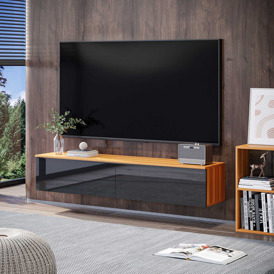 Meuble TV flottant pour téléviseurs jusqu'à 70 pouces avec rangement, effet brillant, marron et noir