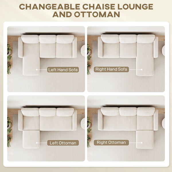 Sectional Sofa, L Shaped Couch, with Changeable Chaise or Ottoman, Cream White