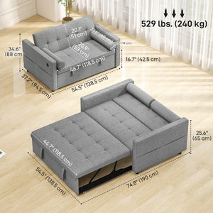 Futon two-seater trundle sofa bed in linen with USB ports, grey
