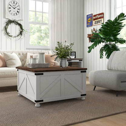 Table centrale de style campagnard de 81 cm avec compartiment caché pour le salon, blanc antique