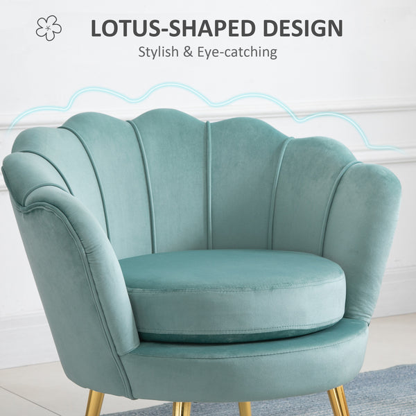 Fauteuil d'appoint lotus en tissu velours avec pieds en métal doré, vert