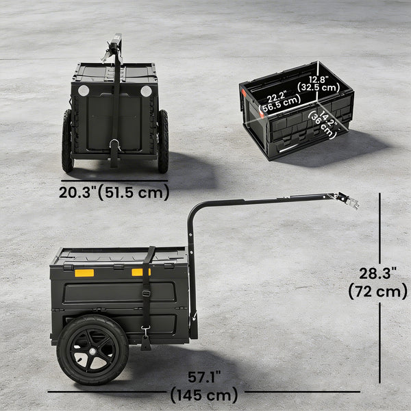 Remorque vélo avec coffre de rangement pliable et couvercle, roues à démontage rapide, autocollants réfléchissants et drapeau de sécurité